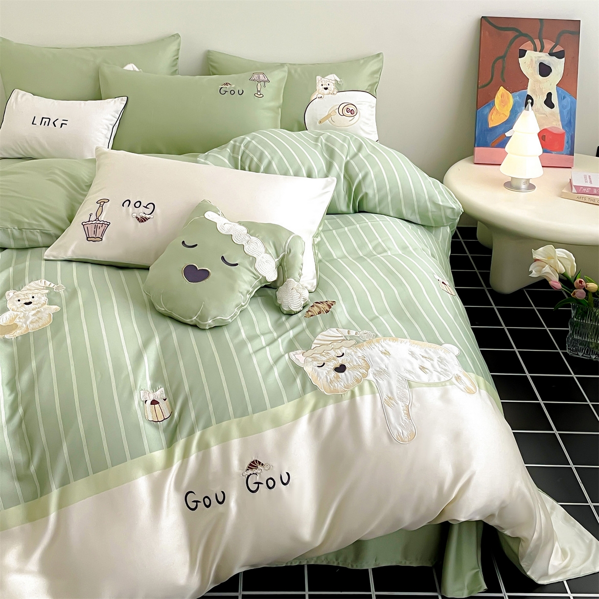 蓝米卡夫 2026夏季新款60S兰精天丝刺绣四件套-西高地厨房（礼盒） 西高地厨房-碧草色