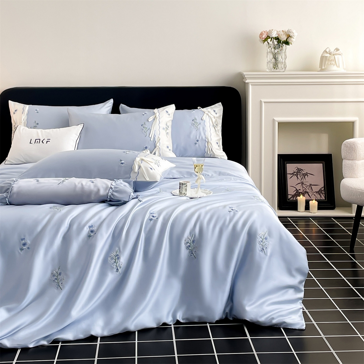 91家纺网 家纺一手货源 找家纺 蓝米卡夫 2026夏季新款60S兰精天丝刺绣四件套-汐语（礼盒） 汐语-蓝