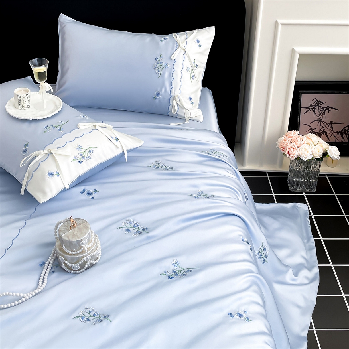 91家纺网 家纺一手货源 找家纺 蓝米卡夫 2026夏季新款60S兰精天丝刺绣四件套-汐语（礼盒） 汐语-蓝