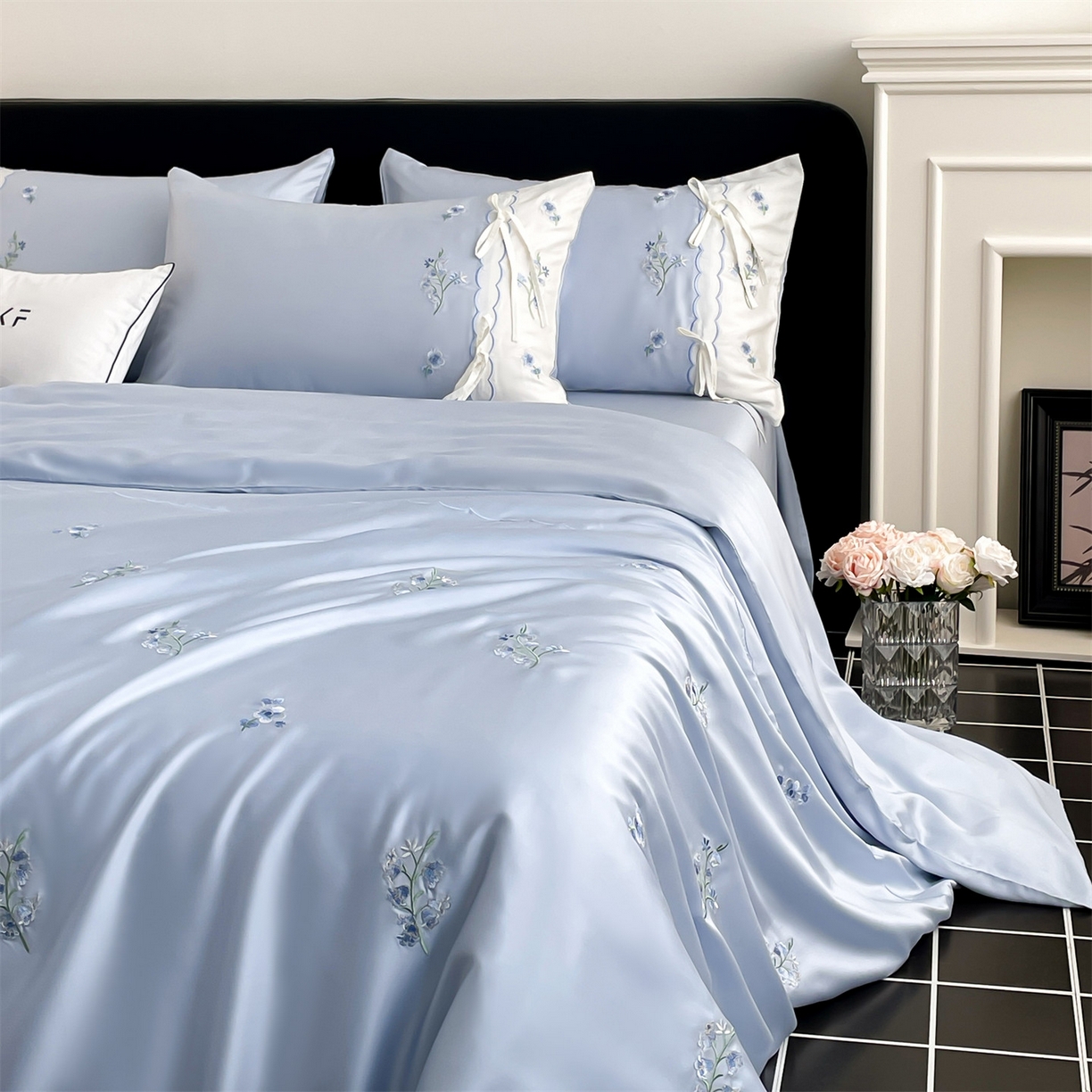 蓝米卡夫 2026夏季新款60S兰精天丝刺绣四件套-汐语（礼盒） 汐语-蓝