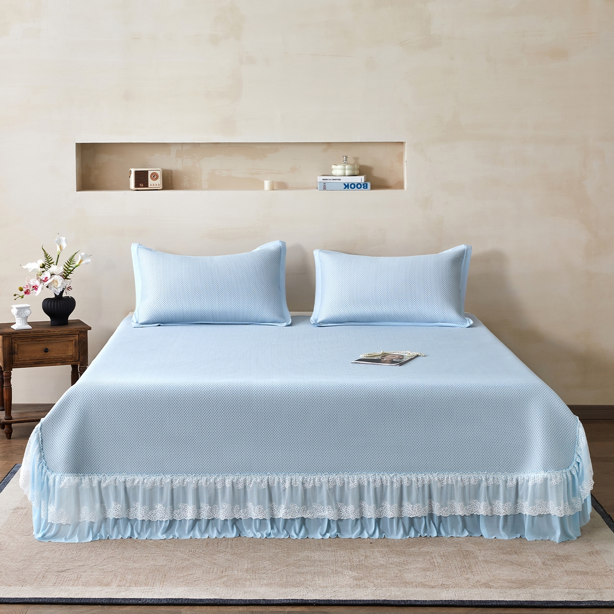 91家纺网 家纺一手货源 找家纺 瑞禾家纺 2026新款A类凉感豆豆床裙款凉席三件套-系列四 冰蓝星絮