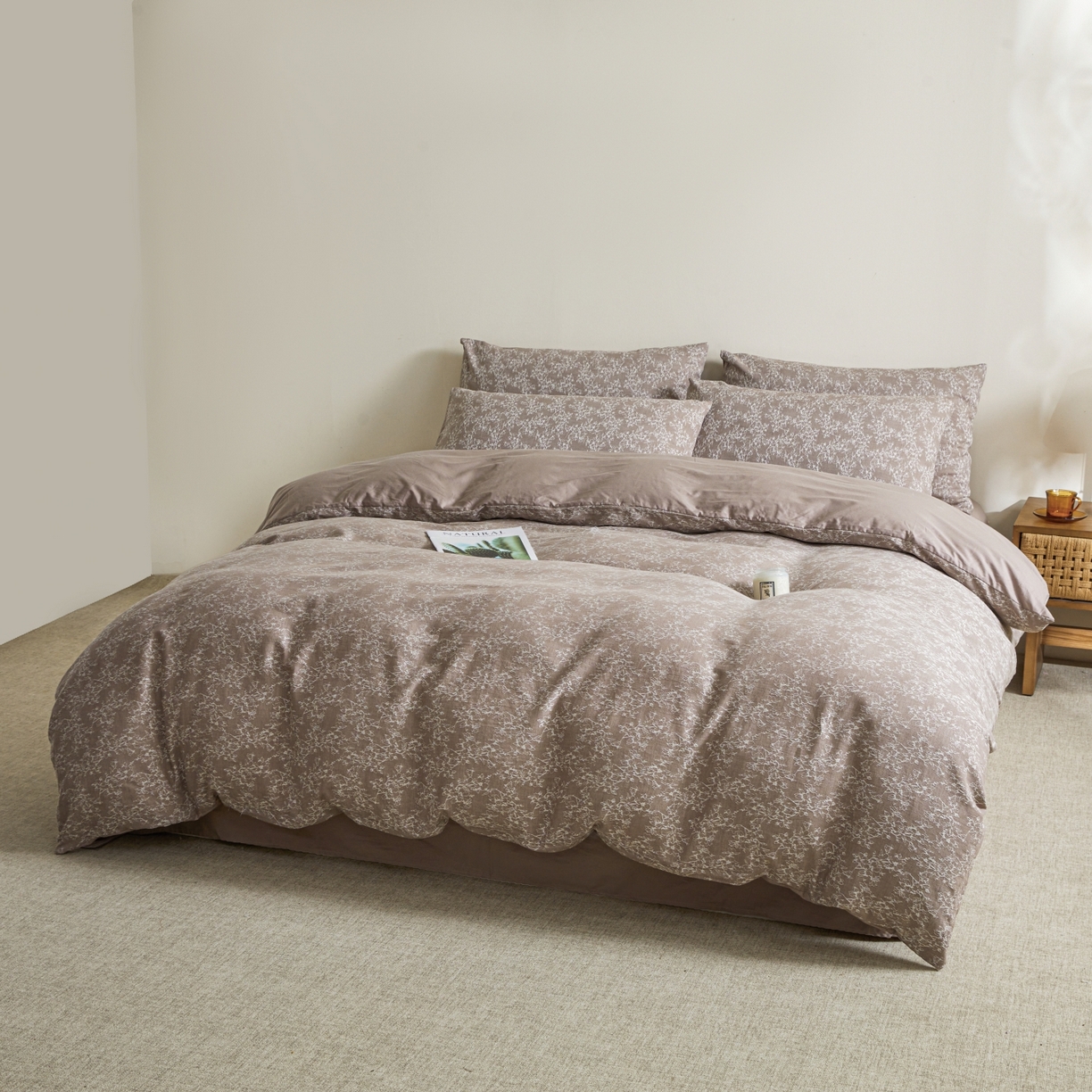 91家纺网 家纺一手货源 找家纺 乐家毛巾被（工厂自产自销） 2026新款40s全棉纯棉色织提花四件套 烟芙花眠