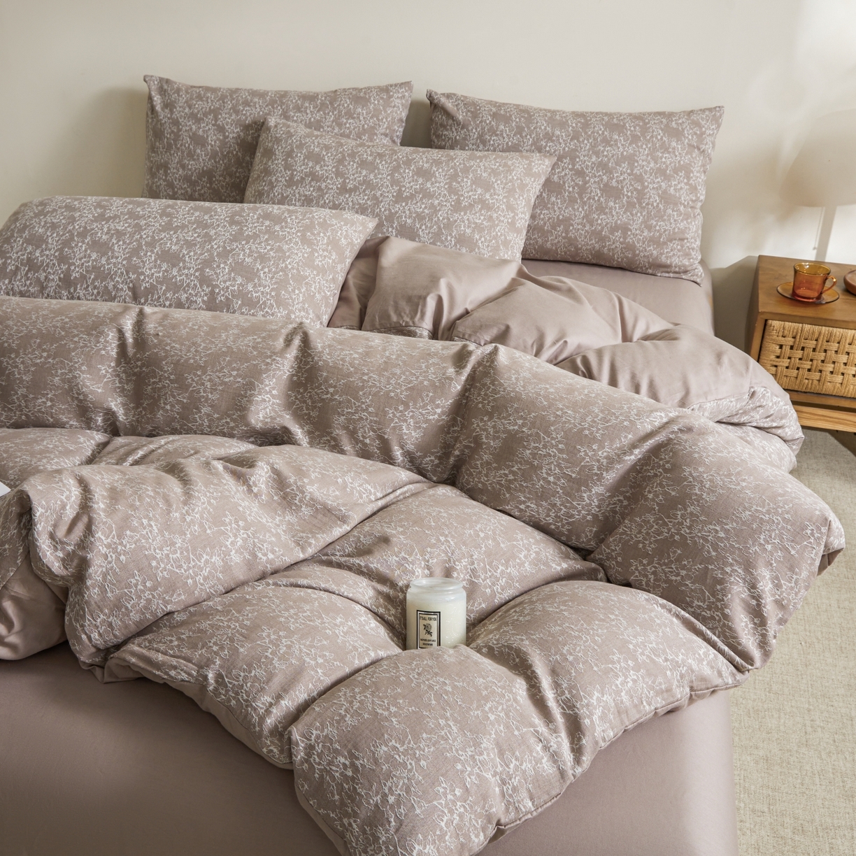 91家纺网 家纺一手货源 找家纺 乐家毛巾被（工厂自产自销） 2026新款40s全棉纯棉色织提花四件套 烟芙花眠