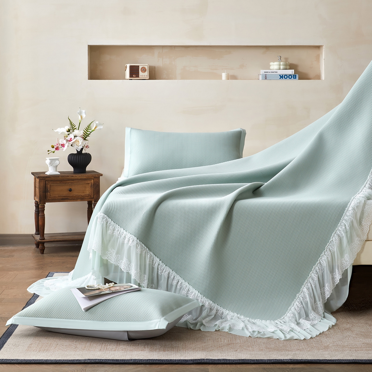 91家纺网 家纺一手货源 找家纺 瑞禾家纺 2026新款A类凉感豆豆床裙款凉席三件套-系列四 青柠星絮