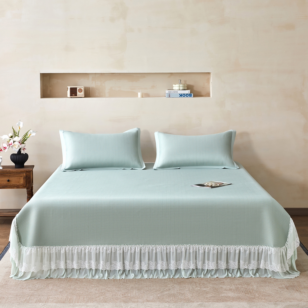 91家纺网 家纺一手货源 找家纺 瑞禾家纺 2026新款A类凉感豆豆床裙款凉席三件套-系列四 青柠星絮