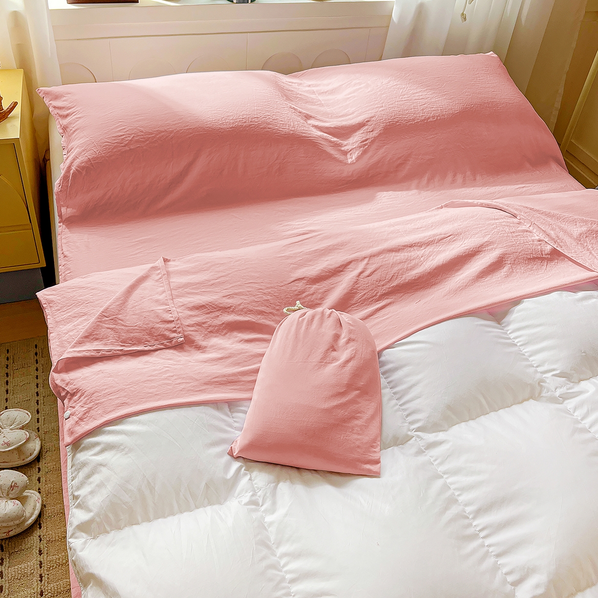 91家纺网 家纺一手货源 找家纺 维娜斯家纺 2026新款纯色水洗棉旅行酒店隔脏睡袋 珊瑚玉