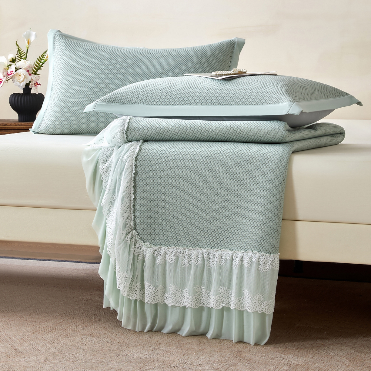 91家纺网 家纺一手货源 找家纺 瑞禾家纺 2026新款A类凉感豆豆床裙款凉席三件套-系列四 青柠星絮