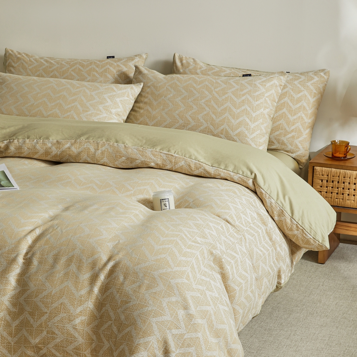 91家纺网 家纺一手货源 找家纺 乐家毛巾被（工厂自产自销） 2026新款40s全棉纯棉色织提花四件套 秩序-黄