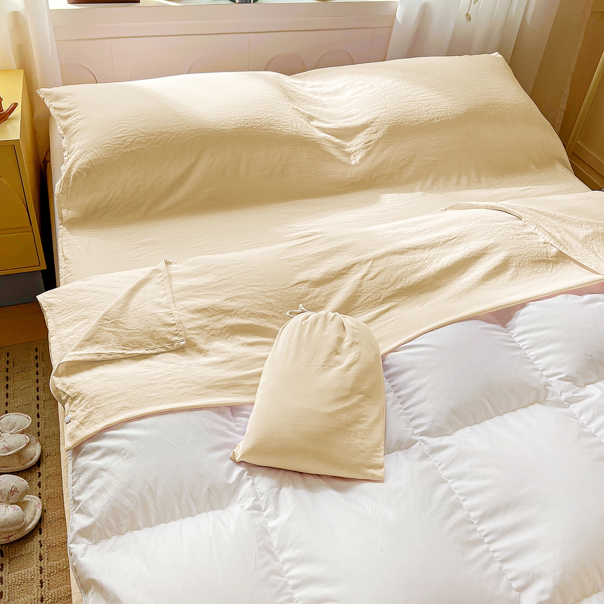 91家纺网 家纺一手货源 找家纺 维娜斯家纺 2026新款纯色水洗棉旅行酒店隔脏睡袋 浅卡其