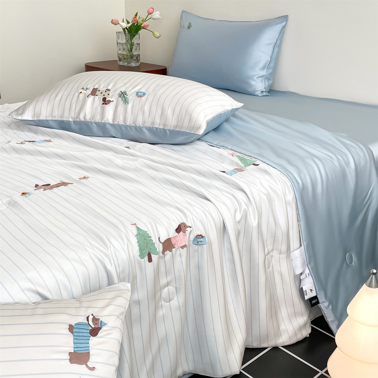 蓝米卡夫 2026夏季新款60S兰精天丝刺绣夏被夏凉被空调被四件套-达克斯腊肠犬 腊肠犬-蓝