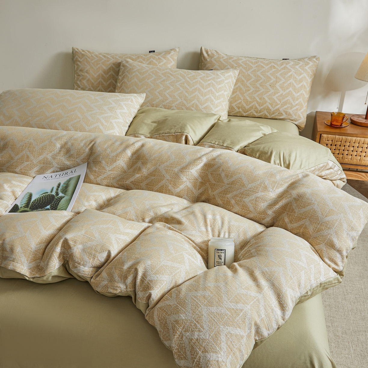 91家纺网 家纺一手货源 找家纺 乐家毛巾被（工厂自产自销） 2026新款40s全棉纯棉色织提花四件套 秩序-黄