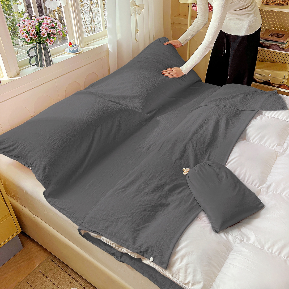 91家纺网 家纺一手货源 找家纺 维娜斯家纺 2026新款纯色水洗棉旅行酒店隔脏睡袋 高级灰