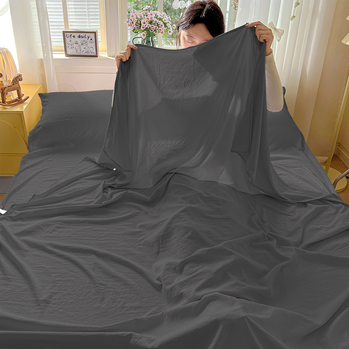 91家纺网 家纺一手货源 找家纺 维娜斯家纺 2026新款纯色水洗棉旅行酒店隔脏睡袋 高级灰