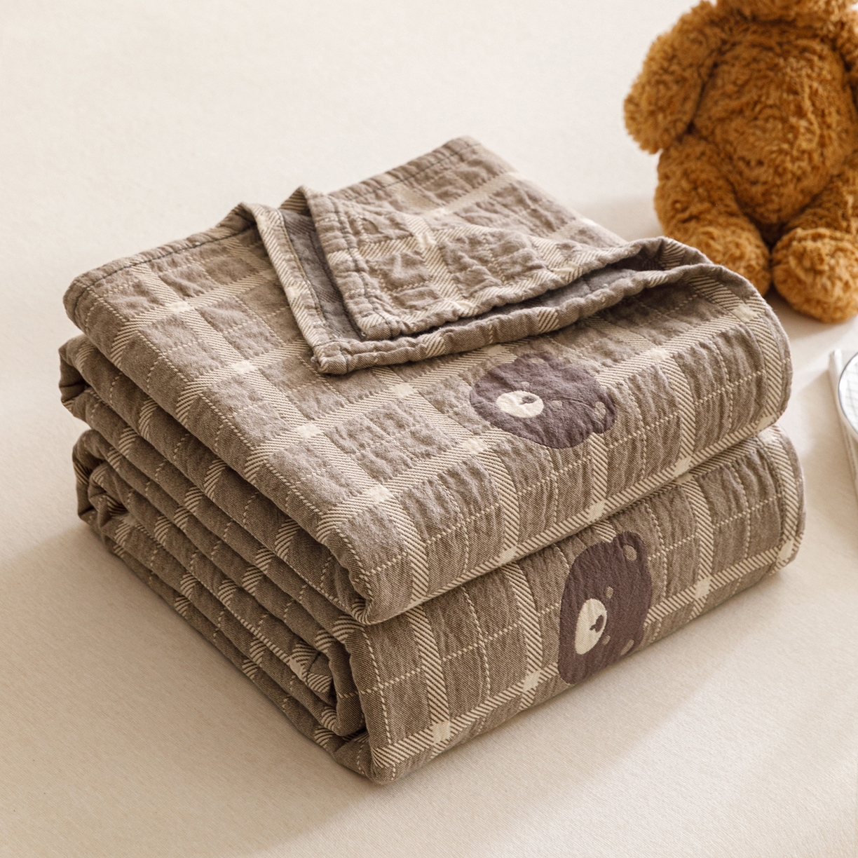 悦然毛巾被 2026春夏新款水洗色织提花全棉纯棉纱布毛巾被盖毯休闲夏被毛毯 棕格熊语