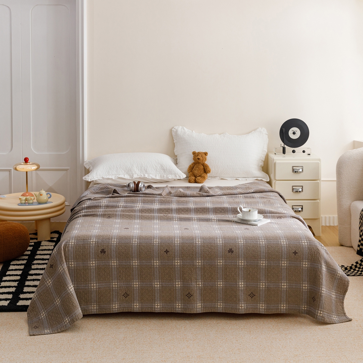 91家纺网 家纺一手货源 找家纺 悦然毛巾被 2026春夏新款水洗色织提花全棉纯棉纱布毛巾被盖毯休闲夏被毛毯 棕格星芒