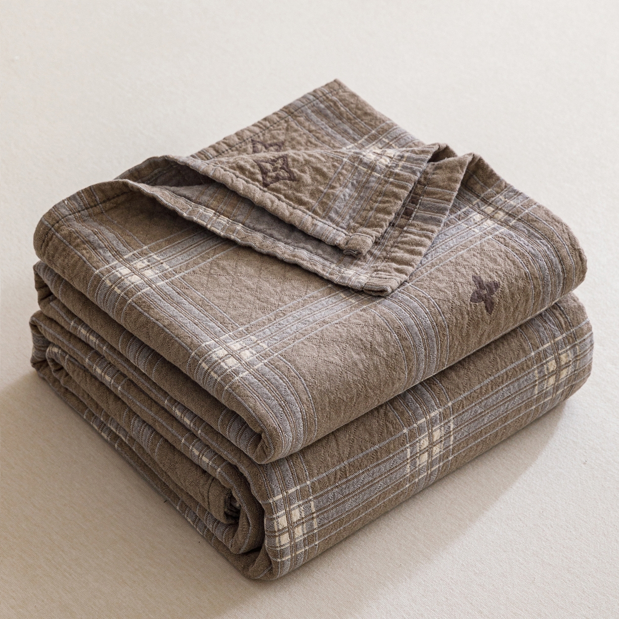悦然毛巾被 2026春夏新款水洗色织提花全棉纯棉纱布毛巾被盖毯休闲夏被毛毯 棕格星芒