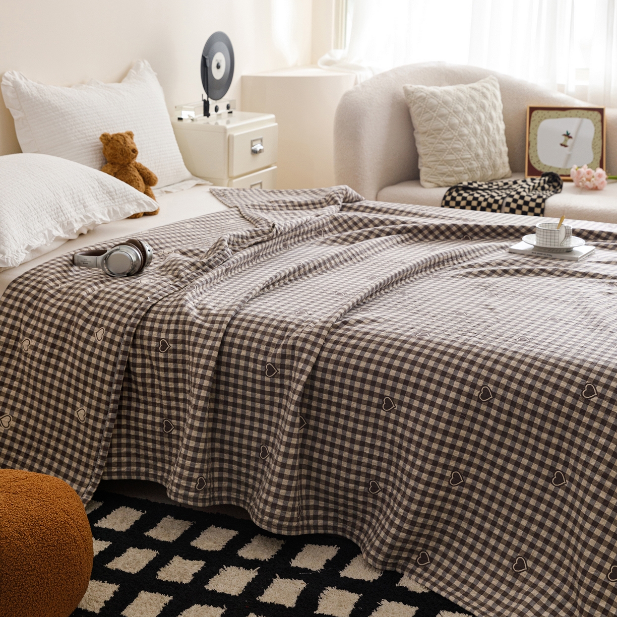 91家纺网 家纺一手货源 找家纺 悦然毛巾被 2026春夏新款水洗色织提花全棉纯棉纱布毛巾被盖毯休闲夏被毛毯 棕格心语