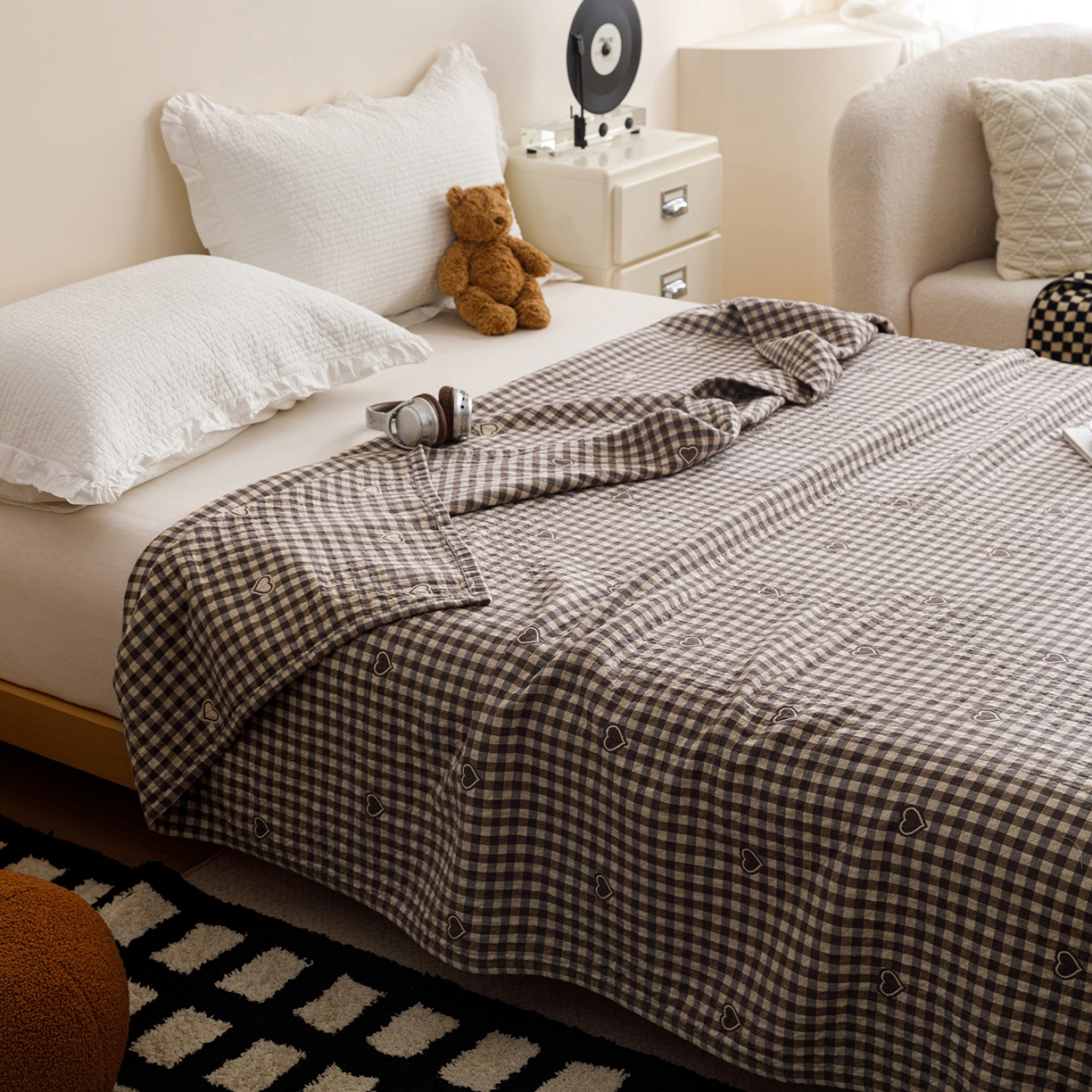 91家纺网 家纺一手货源 找家纺 悦然毛巾被 2026春夏新款水洗色织提花全棉纯棉纱布毛巾被盖毯休闲夏被毛毯 棕格心语