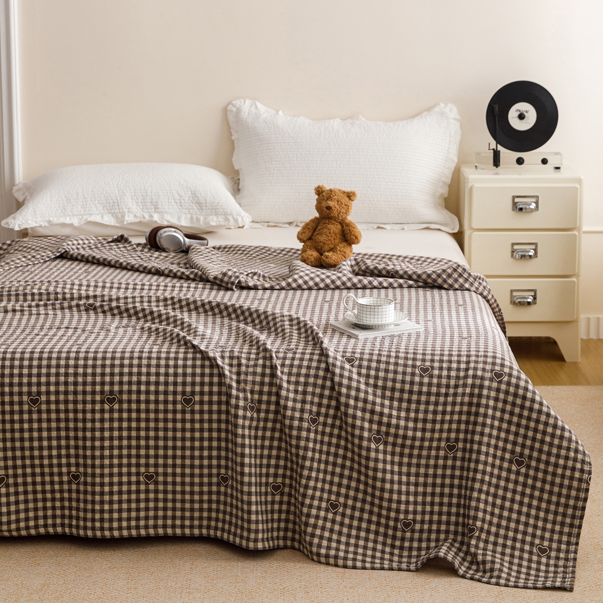 91家纺网 家纺一手货源 找家纺 悦然毛巾被 2026春夏新款水洗色织提花全棉纯棉纱布毛巾被盖毯休闲夏被毛毯 棕格心语