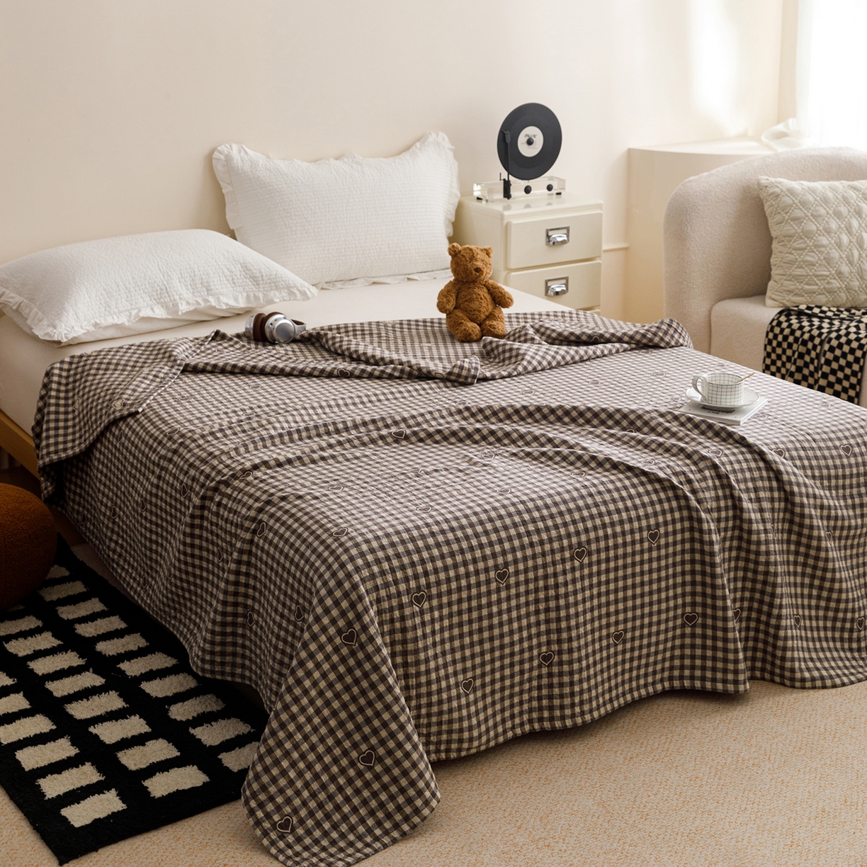 91家纺网 家纺一手货源 找家纺 悦然毛巾被 2026春夏新款水洗色织提花全棉纯棉纱布毛巾被盖毯休闲夏被毛毯 棕格心语