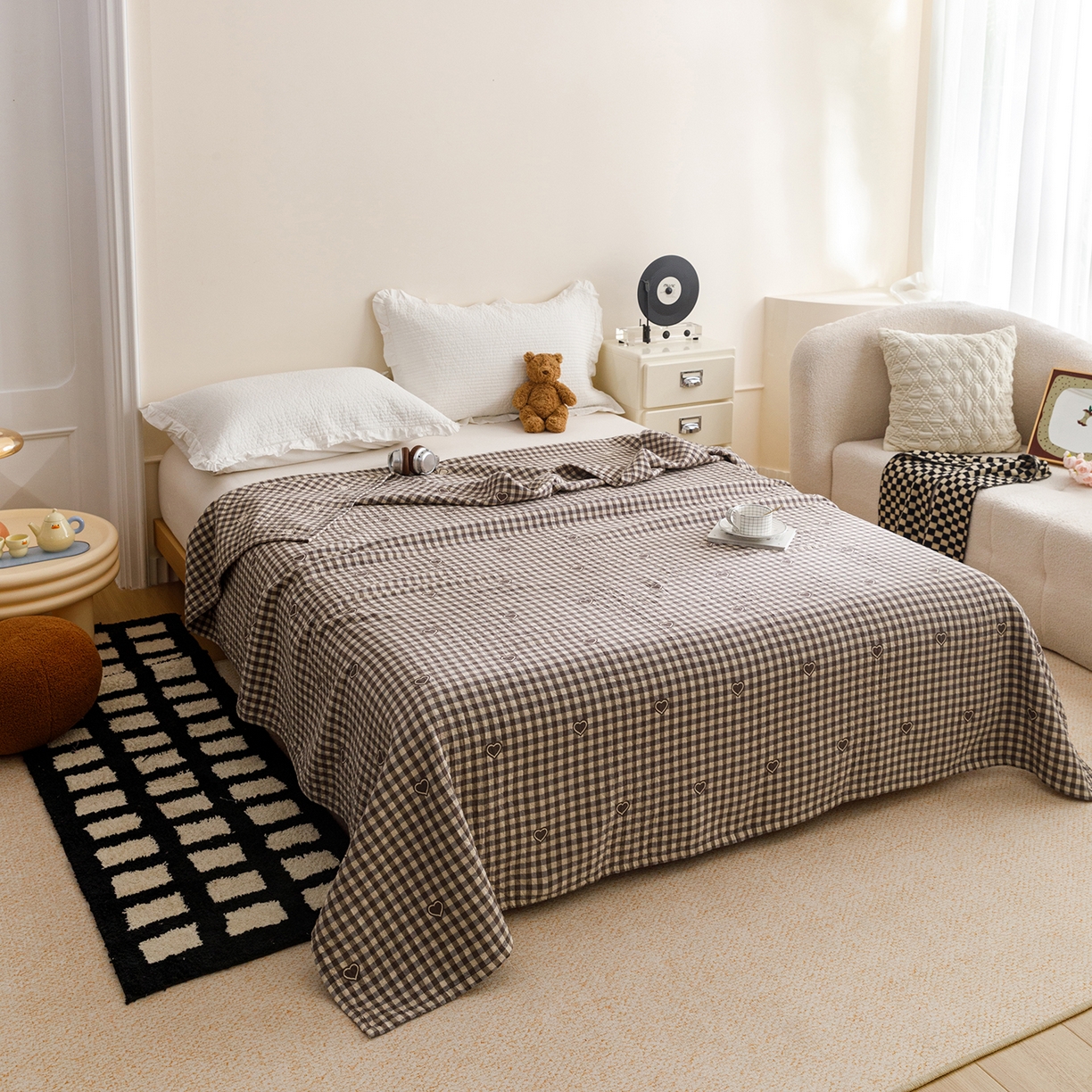 91家纺网 家纺一手货源 找家纺 悦然毛巾被 2026春夏新款水洗色织提花全棉纯棉纱布毛巾被盖毯休闲夏被毛毯 棕格心语