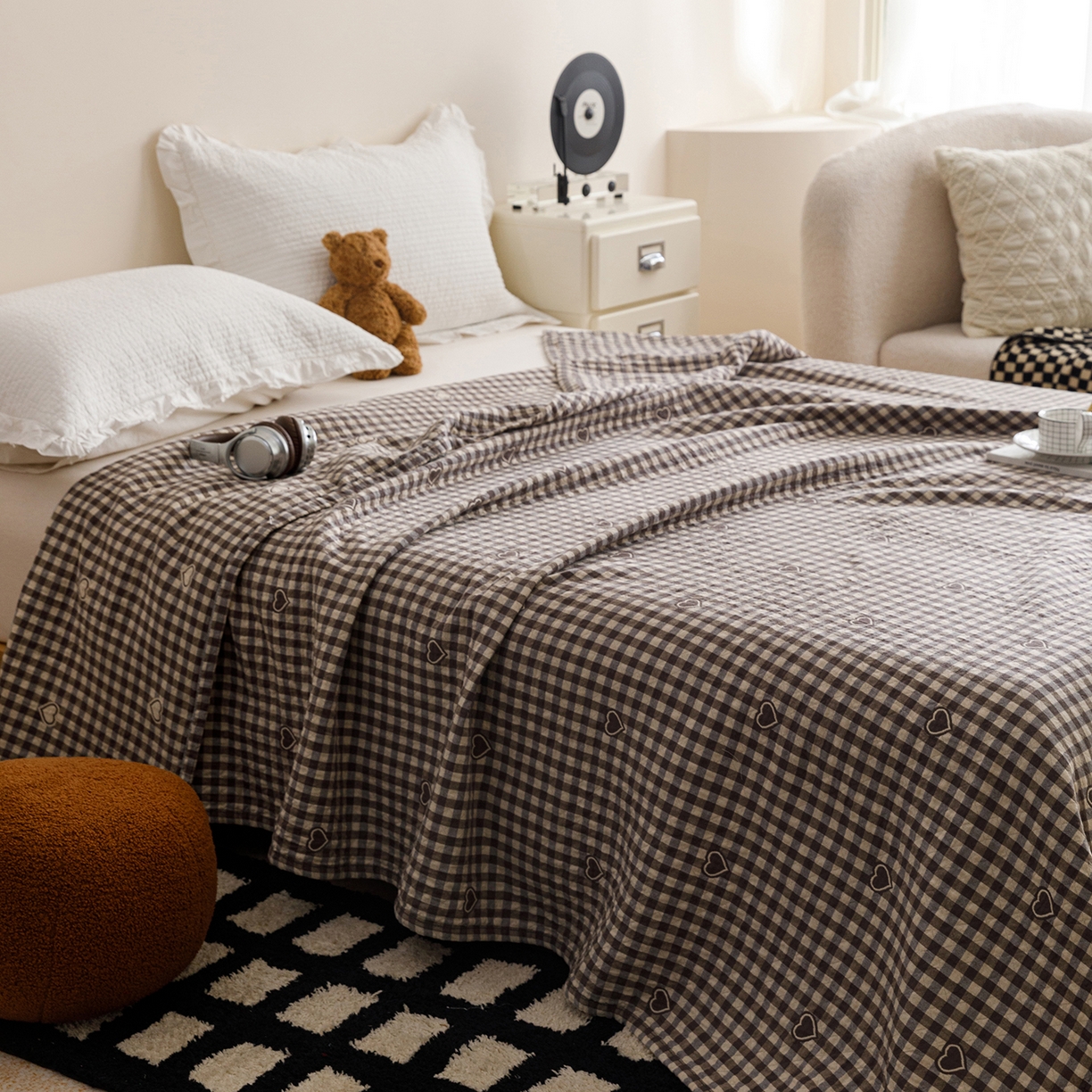 91家纺网 家纺一手货源 找家纺 悦然毛巾被 2026春夏新款水洗色织提花全棉纯棉纱布毛巾被盖毯休闲夏被毛毯 棕格心语