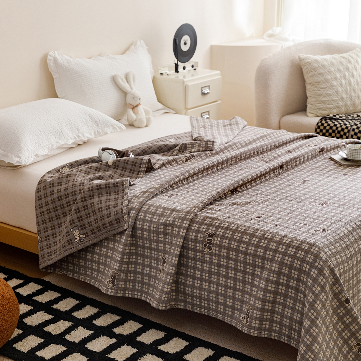 91家纺网 家纺一手货源 找家纺 悦然毛巾被 2026春夏新款水洗色织提花全棉纯棉纱布毛巾被盖毯休闲夏被毛毯 深格小狗