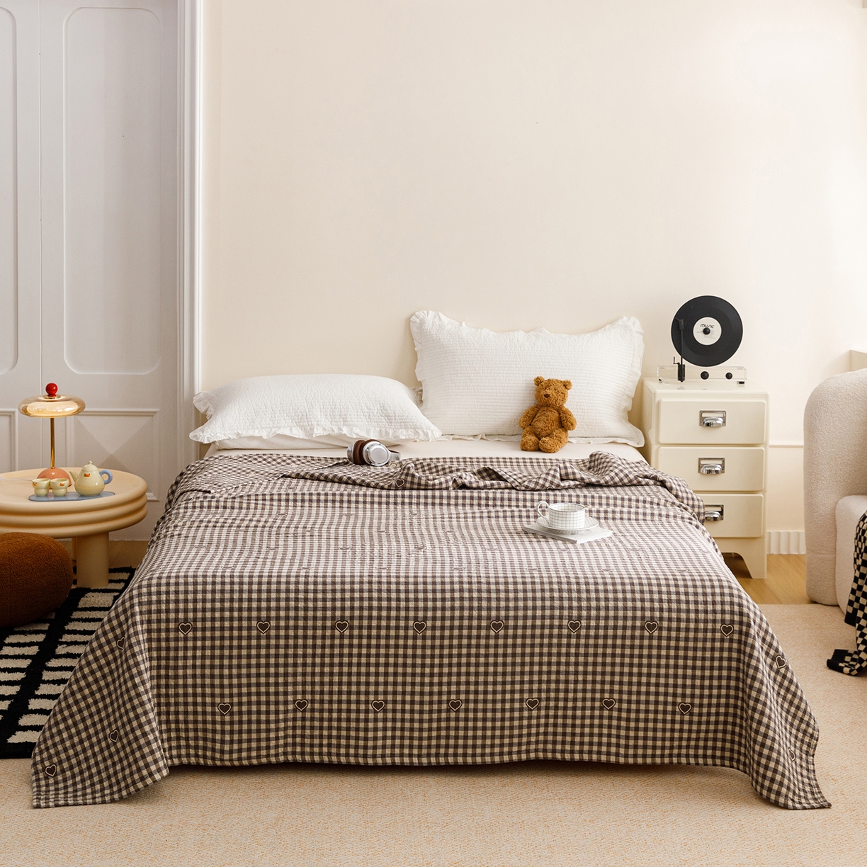 91家纺网 家纺一手货源 找家纺 悦然毛巾被 2026春夏新款水洗色织提花全棉纯棉纱布毛巾被盖毯休闲夏被毛毯 棕格心语