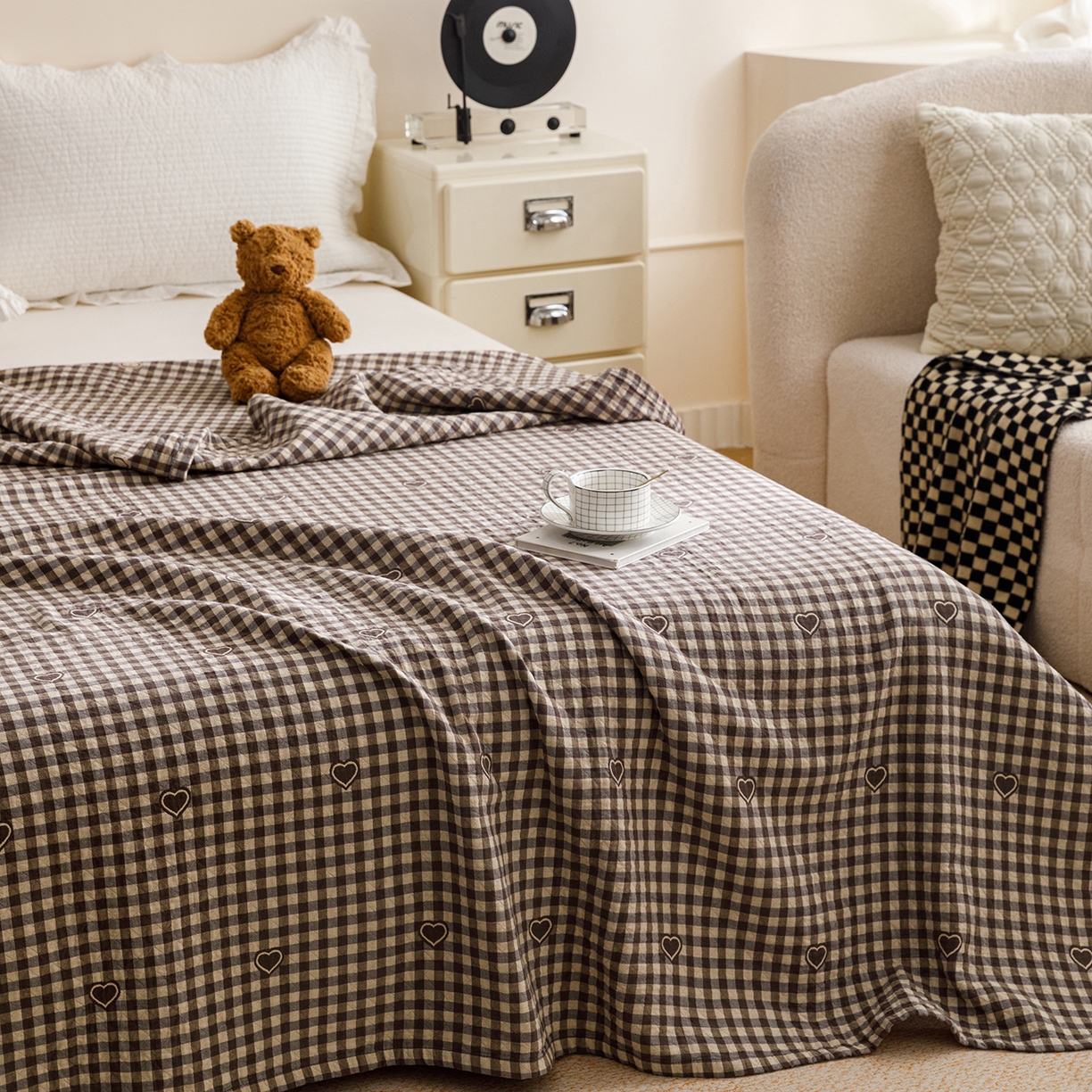 91家纺网 家纺一手货源 找家纺 悦然毛巾被 2026春夏新款水洗色织提花全棉纯棉纱布毛巾被盖毯休闲夏被毛毯 棕格心语