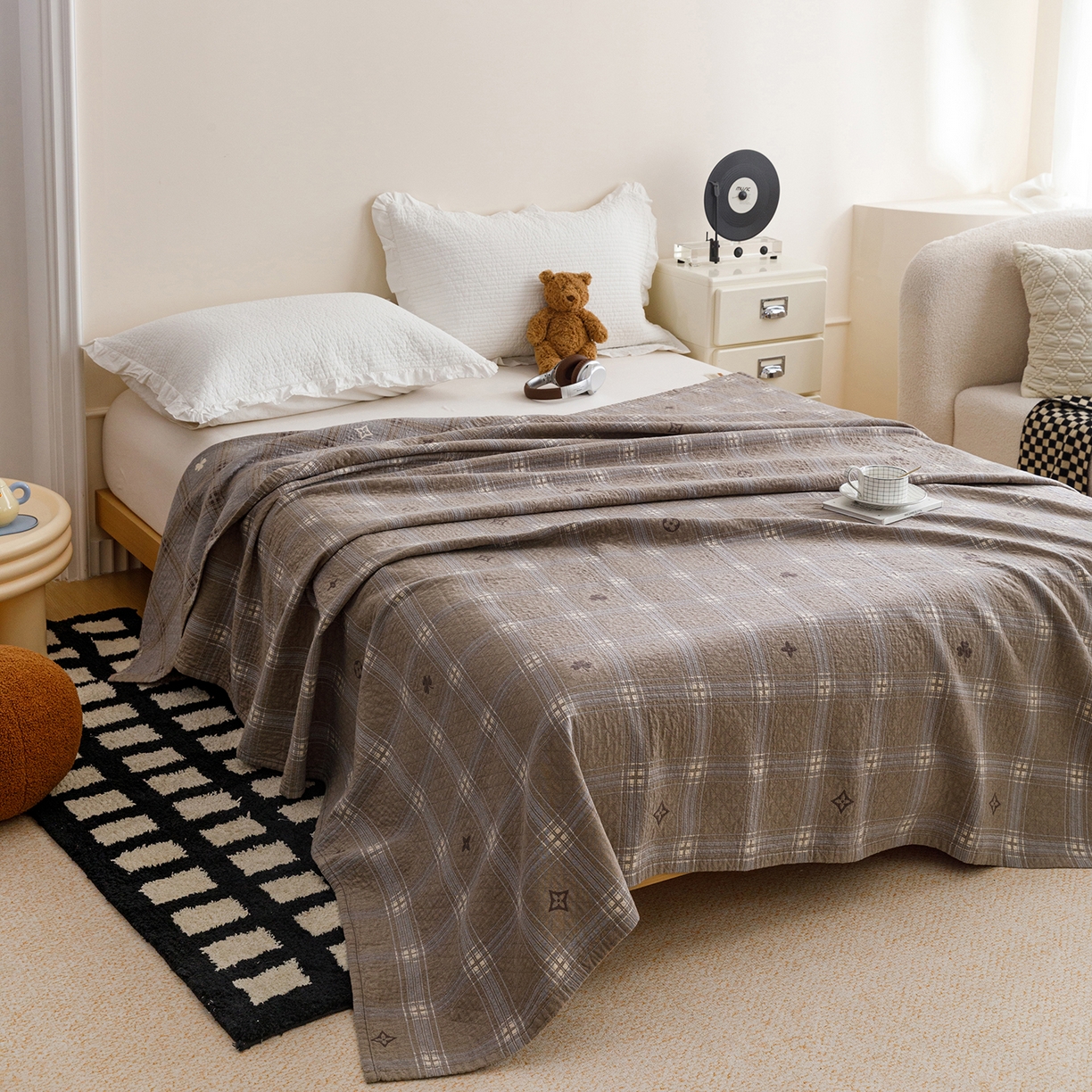 91家纺网 家纺一手货源 找家纺 悦然毛巾被 2026春夏新款水洗色织提花全棉纯棉纱布毛巾被盖毯休闲夏被毛毯 棕格星芒