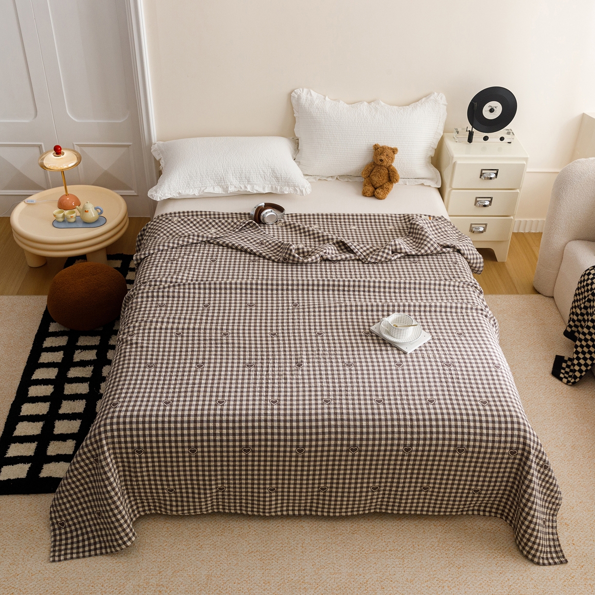 91家纺网 家纺一手货源 找家纺 悦然毛巾被 2026春夏新款水洗色织提花全棉纯棉纱布毛巾被盖毯休闲夏被毛毯 棕格心语