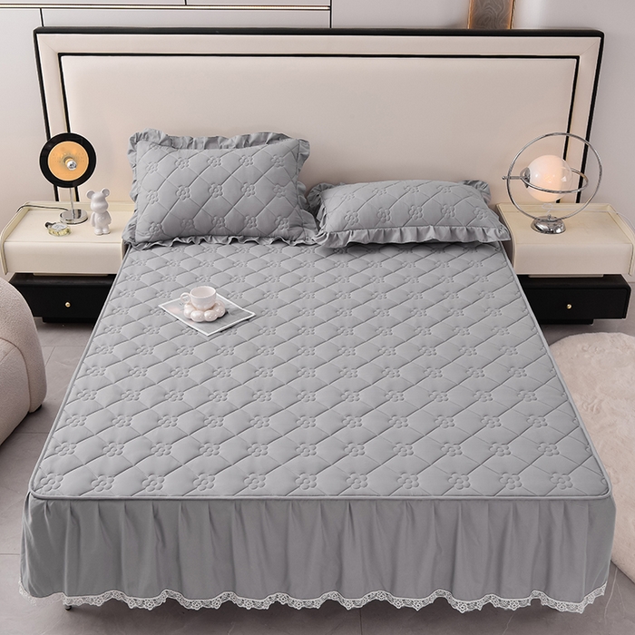 91家纺网 家纺一手货源 找家纺 乐蔻家纺 2026春夏新款A类磨毛原棉防水隔尿太阳花床裙床笠床笠单件 太阳花防水-夜灰