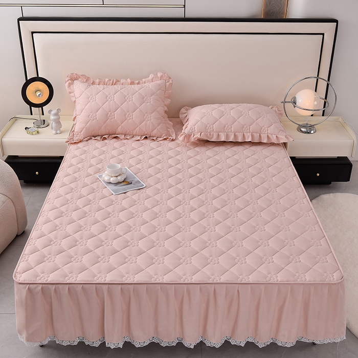 91家纺网 家纺一手货源 找家纺 乐蔻家纺 2026春夏新款A类磨毛原棉防水隔尿太阳花床裙床笠床笠单件 太阳花防水-柔粉