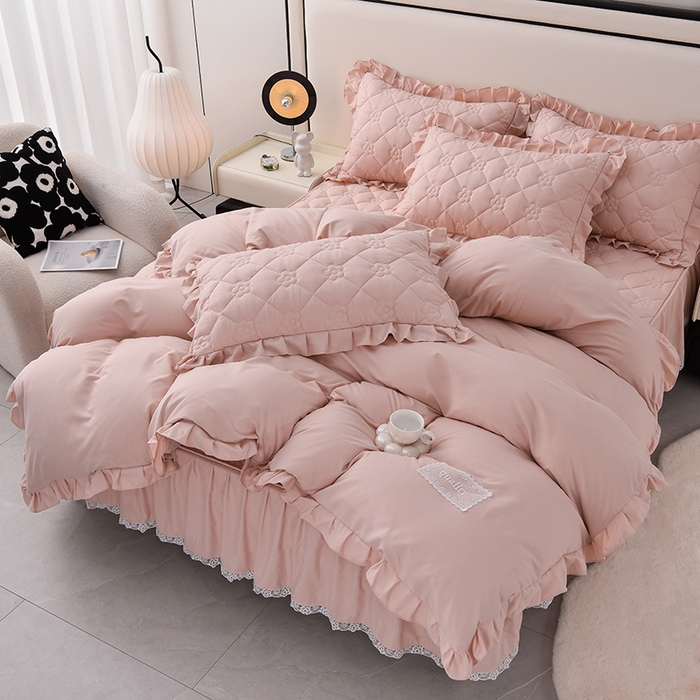 91家纺网 家纺一手货源 找家纺 乐蔻家纺 2026春夏新款A类磨毛原棉防水隔尿太阳花床裙床笠床笠单件 太阳花防水-柔粉