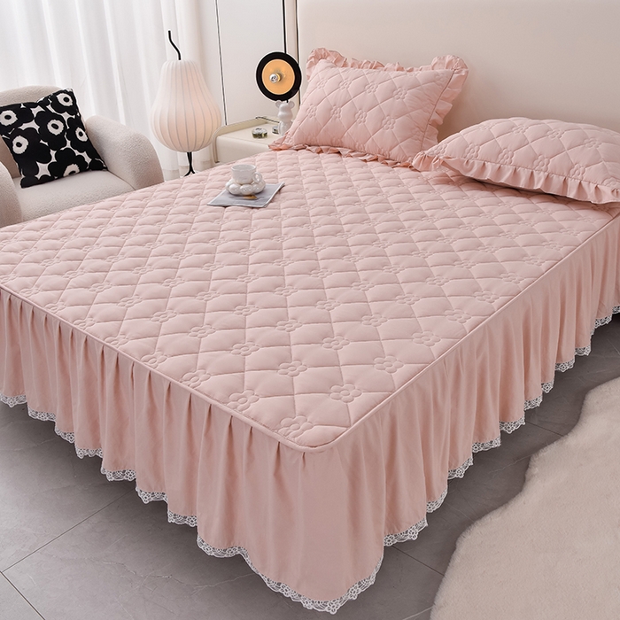 91家纺网 家纺一手货源 找家纺 乐蔻家纺 2026春夏新款A类磨毛原棉防水隔尿太阳花床裙床笠床笠单件 太阳花防水-柔粉