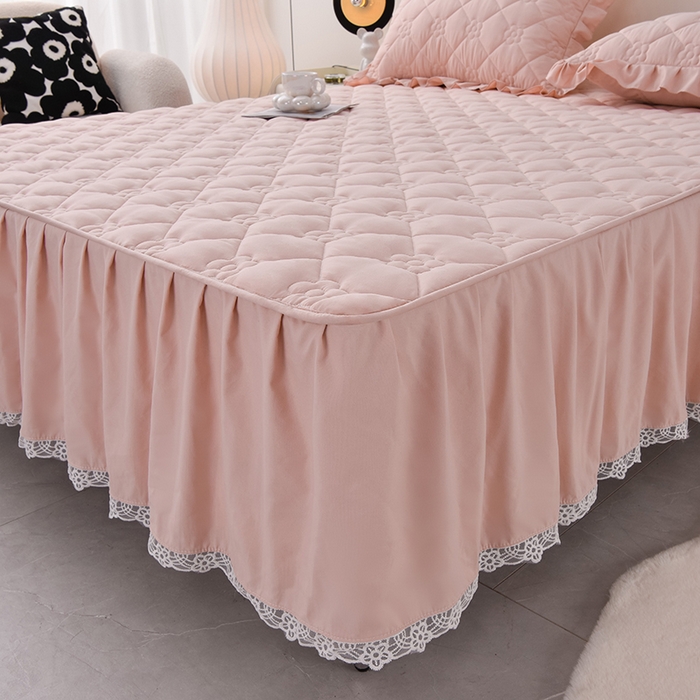 91家纺网 家纺一手货源 找家纺 乐蔻家纺 2026春夏新款A类磨毛原棉防水隔尿太阳花床裙床笠床笠单件 太阳花防水-柔粉