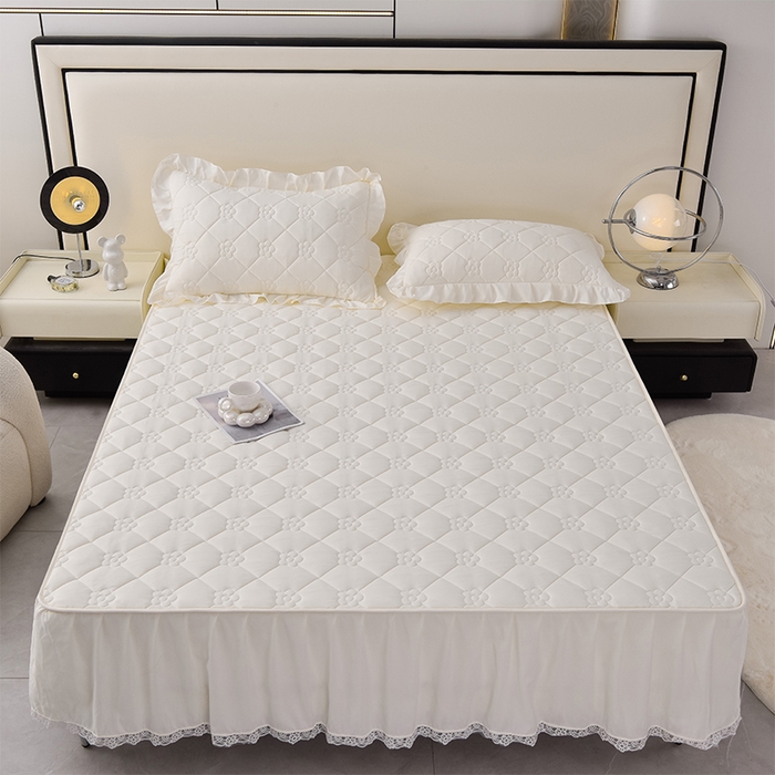 91家纺网 家纺一手货源 找家纺 乐蔻家纺 2026春夏新款A类磨毛原棉防水隔尿太阳花床裙床笠床笠单件 太阳花防水-本白