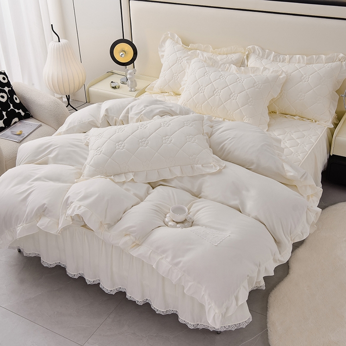 91家纺网 家纺一手货源 找家纺 乐蔻家纺 2026春夏新款A类磨毛原棉防水隔尿太阳花床裙床笠床笠单件 太阳花防水-本白