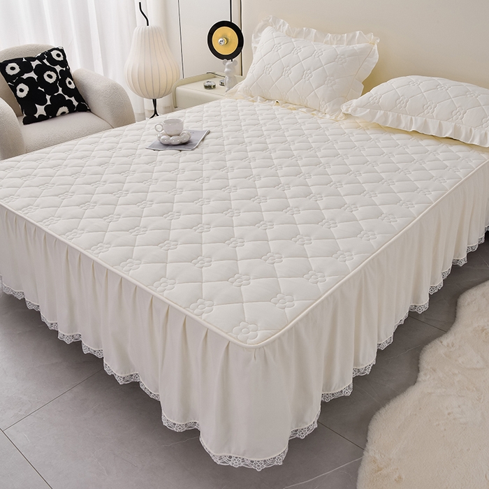 91家纺网 家纺一手货源 找家纺 乐蔻家纺 2026春夏新款A类磨毛原棉防水隔尿太阳花床裙床笠床笠单件 太阳花防水-本白