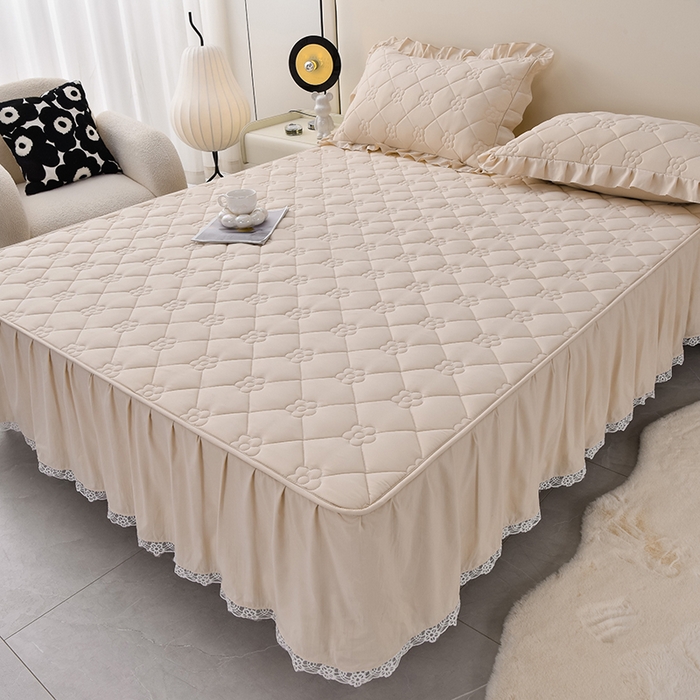 91家纺网 家纺一手货源 找家纺 乐蔻家纺 2026春夏新款A类磨毛原棉防水隔尿太阳花床裙床笠床笠单件 太阳花防水-浅驼