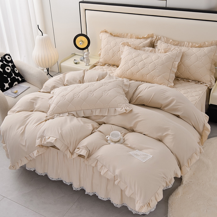 91家纺网 家纺一手货源 找家纺 乐蔻家纺 2026春夏新款A类磨毛原棉防水隔尿太阳花床裙床笠床笠单件 太阳花防水-浅驼