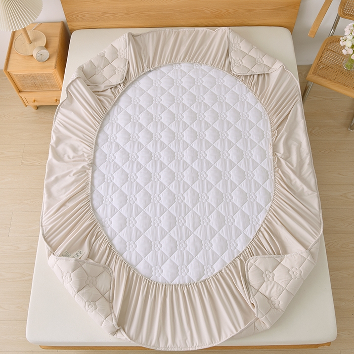 91家纺网 家纺一手货源 找家纺 乐蔻家纺 2026春夏新款A类磨毛原棉防水隔尿太阳花床裙床笠床笠单件 太阳花防水-浅驼