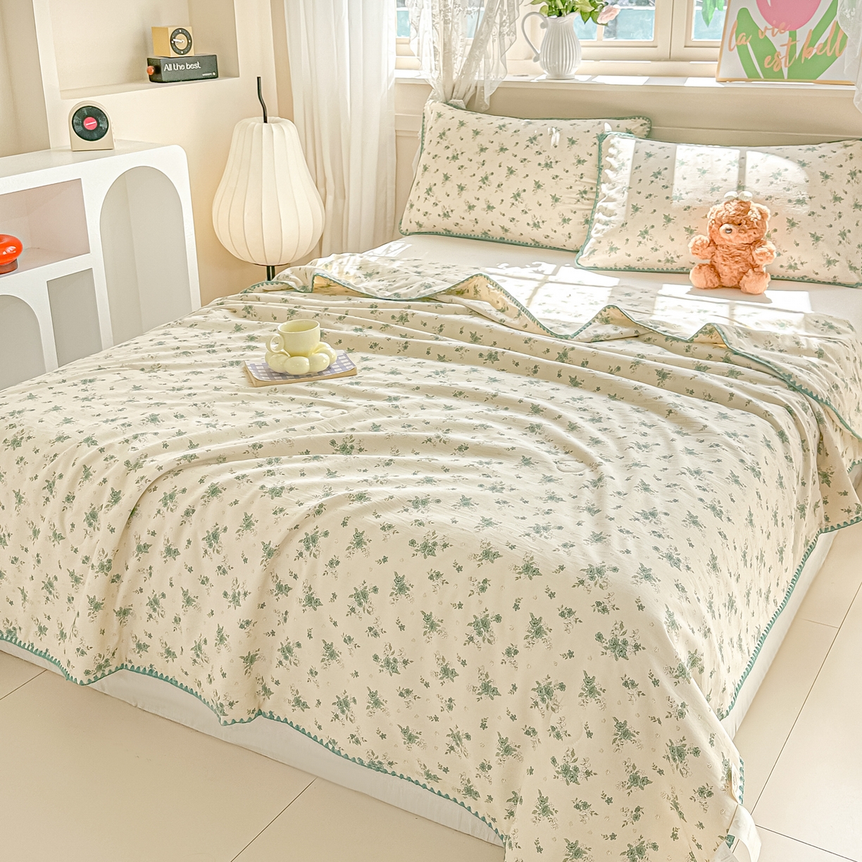 91家纺网 家纺一手货源 找家纺 归属 2026新款A类小碎花贝壳绣皱皱棉夏被夏凉被空调被 茶墨