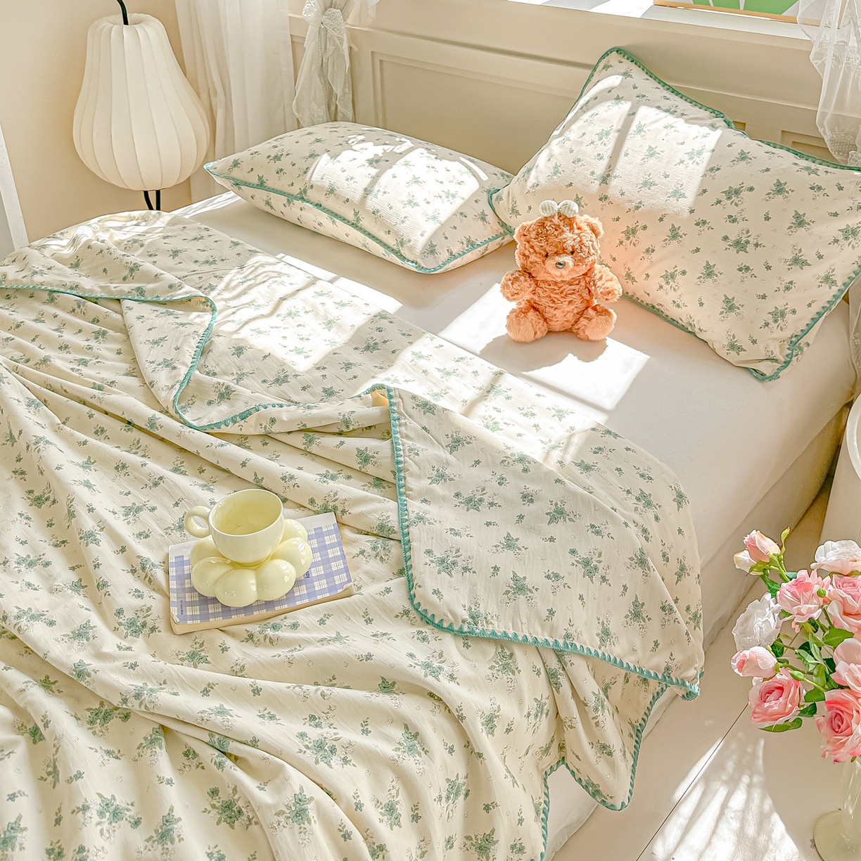 91家纺网 家纺一手货源 找家纺 归属 2026新款A类小碎花贝壳绣皱皱棉夏被夏凉被空调被 茶墨