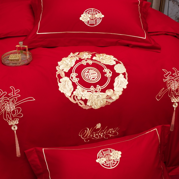 91家纺网 家纺一手货源 找家纺 千禧家纺 2026新款全棉13372婚庆绣花系列 福禧相传