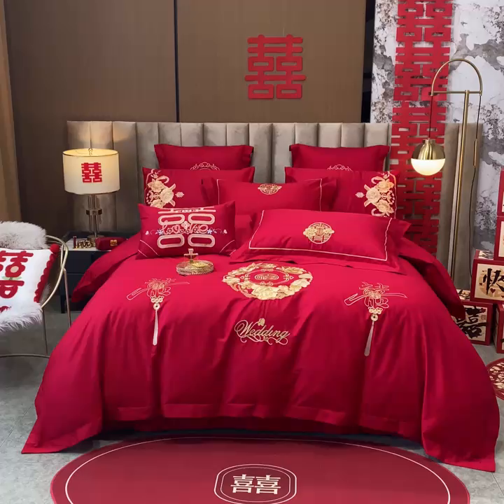 91家纺网 家纺一手货源 找家纺 千禧家纺 2026新款全棉13372婚庆绣花系列 福禧相传