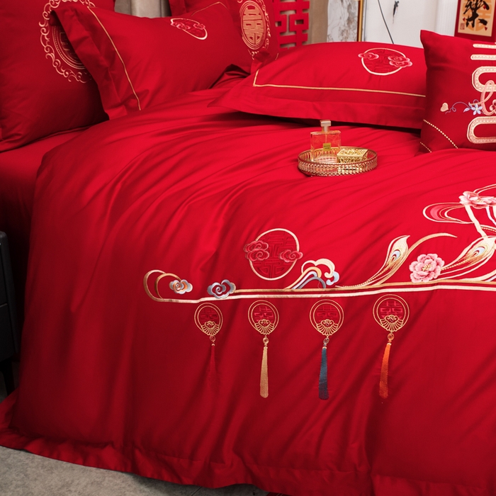 91家纺网 家纺一手货源 找家纺 千禧家纺 2026新款全棉13372婚庆绣花系列 花满盈阁