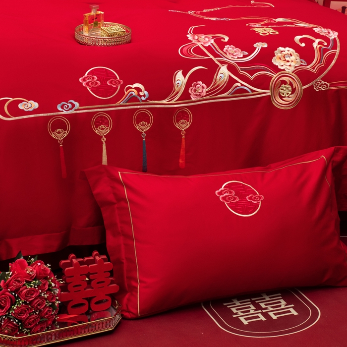 91家纺网 家纺一手货源 找家纺 千禧家纺 2026新款全棉13372婚庆绣花系列 花满盈阁