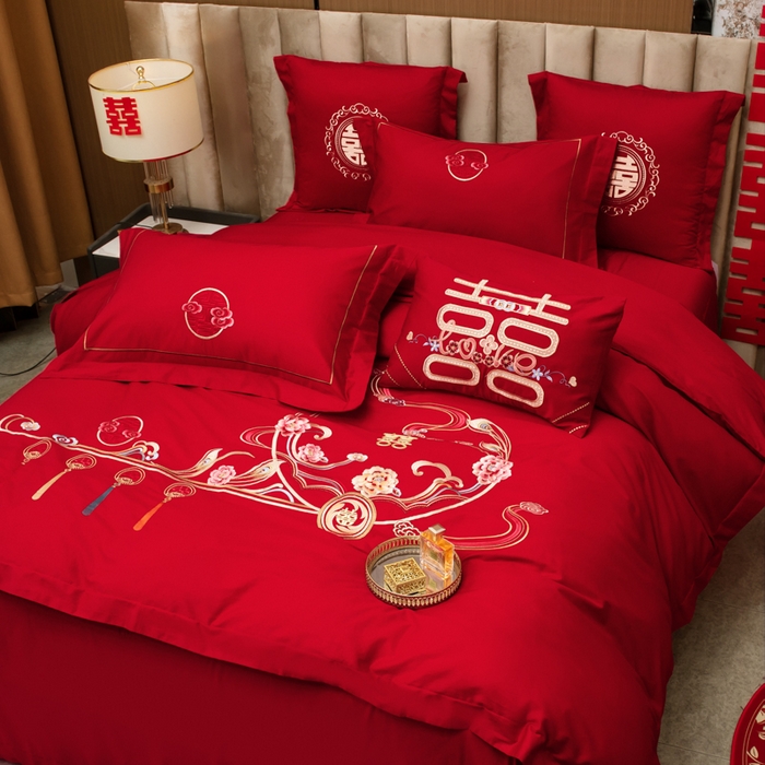 91家纺网 家纺一手货源 找家纺 千禧家纺 2026新款全棉13372婚庆绣花系列 花满盈阁