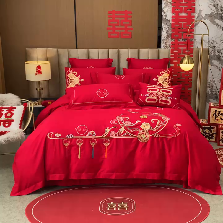 91家纺网 家纺一手货源 找家纺 千禧家纺 2026新款全棉13372婚庆绣花系列 花满盈阁